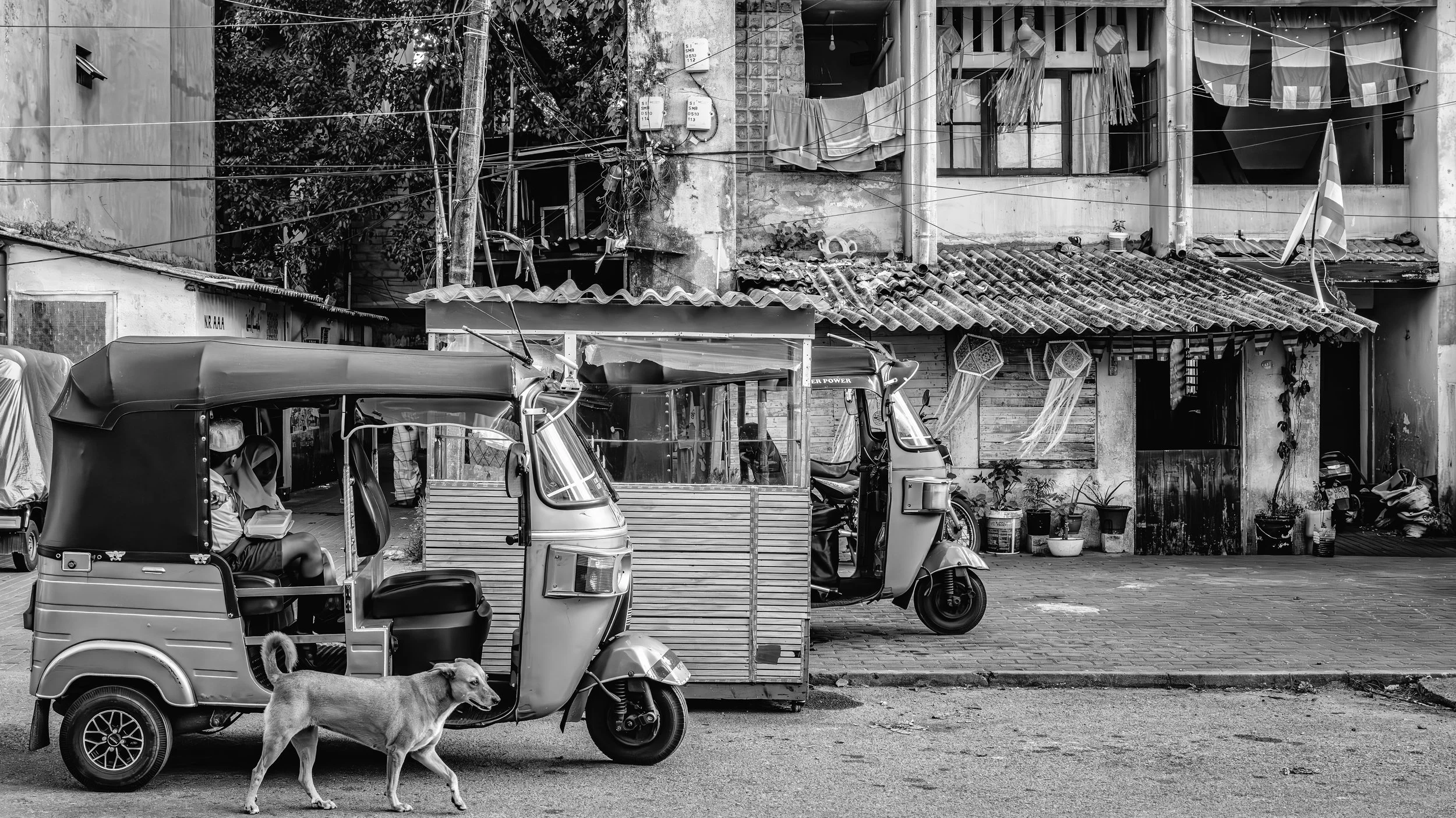 Street scene with tricycle taxis, a dog, and a building with laundry hanging outside in black and white.