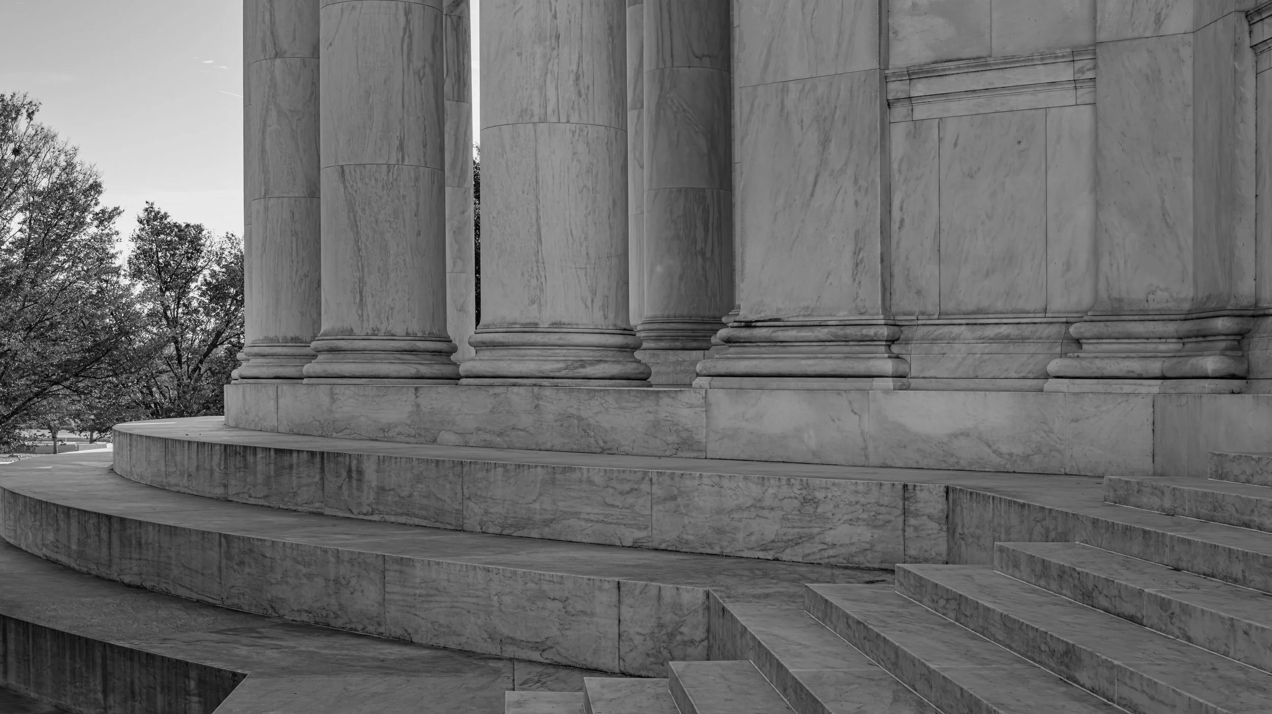 Close-up view of marble columns and steps of a classical building, with trees visible in the background, in black and white.