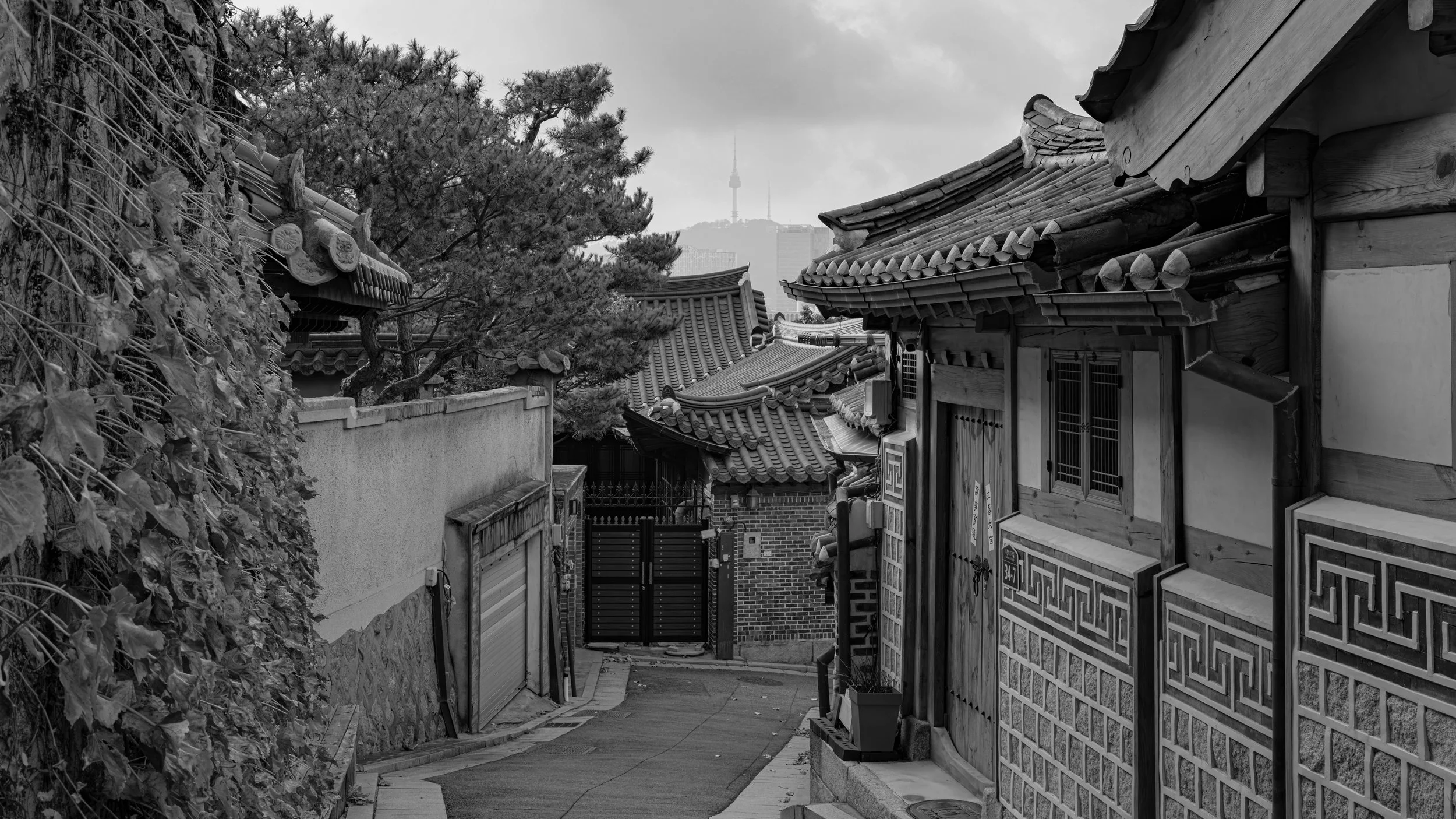 Black and white photo of traditional Asian-style houses with ornate tiled roofs, a narrow alleyway, trees, and a distant tower on a cloudy day.