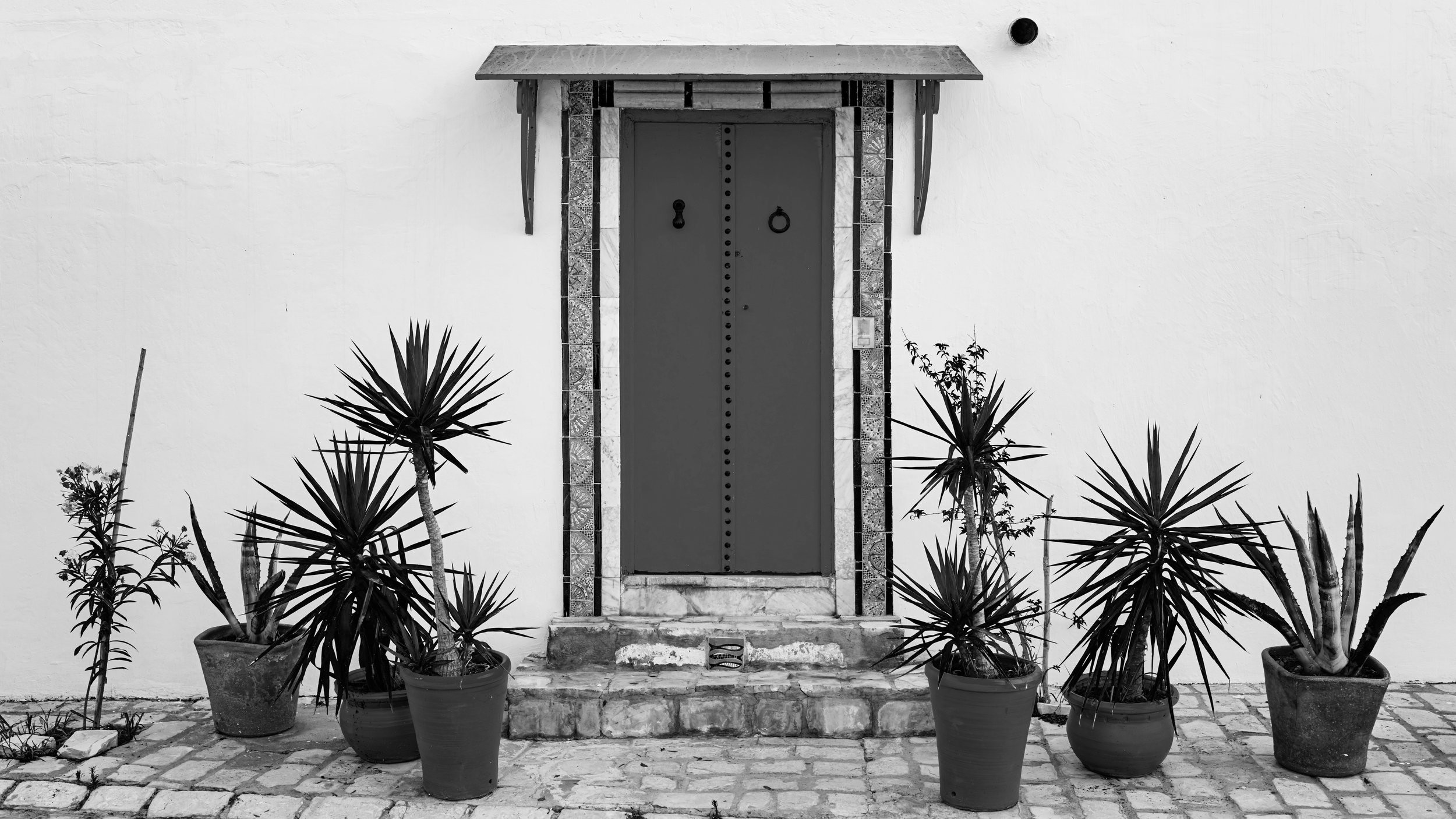 A black and white photo of a door with decorative tile framing, a small awning above, and potted plants in front on a cobblestone ground.