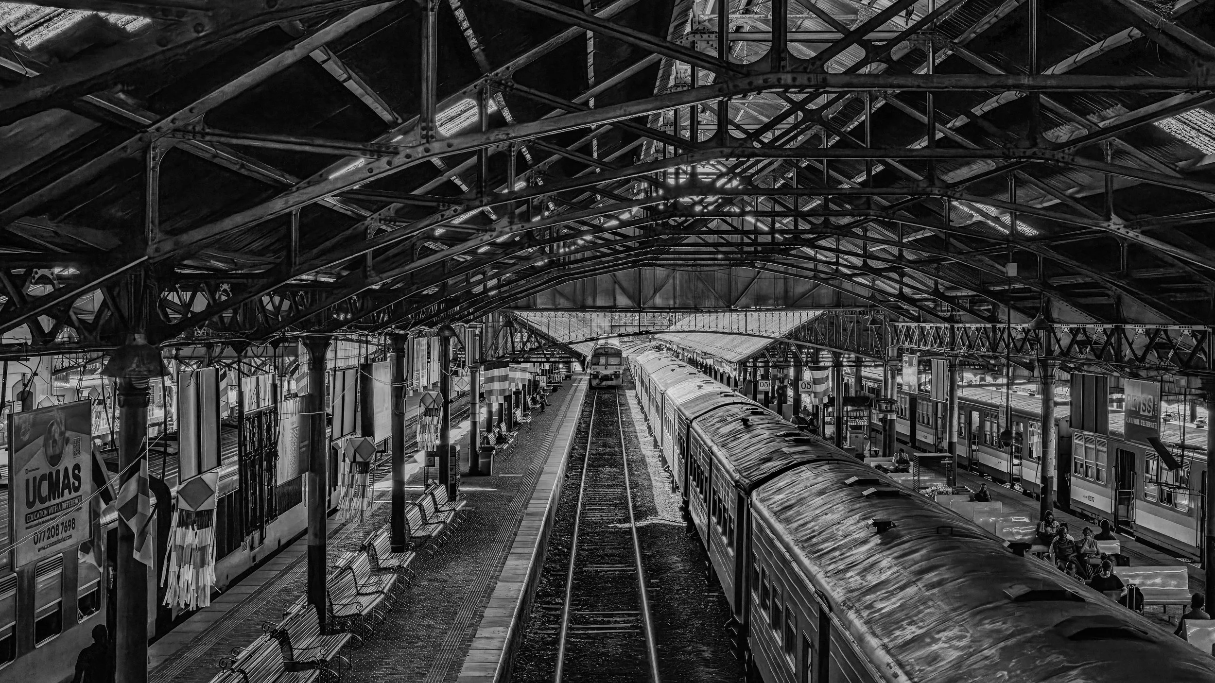 Black and white photo of a train station with trains on both sides, an overhead arched roof, and passengers on the platform.