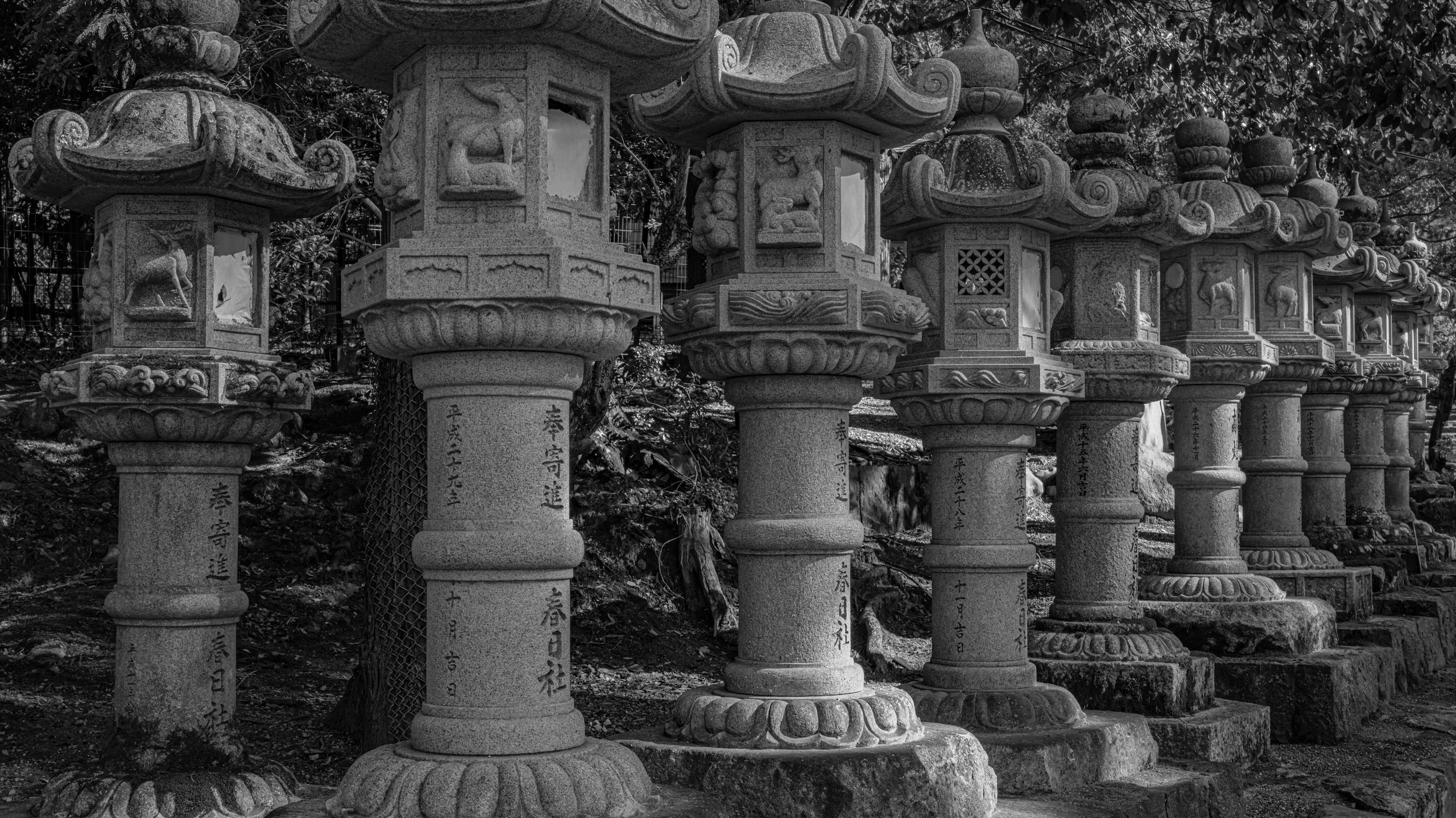 Row of traditional Japanese stone lanterns with intricate carvings and inscriptions, situated outdoors among trees.