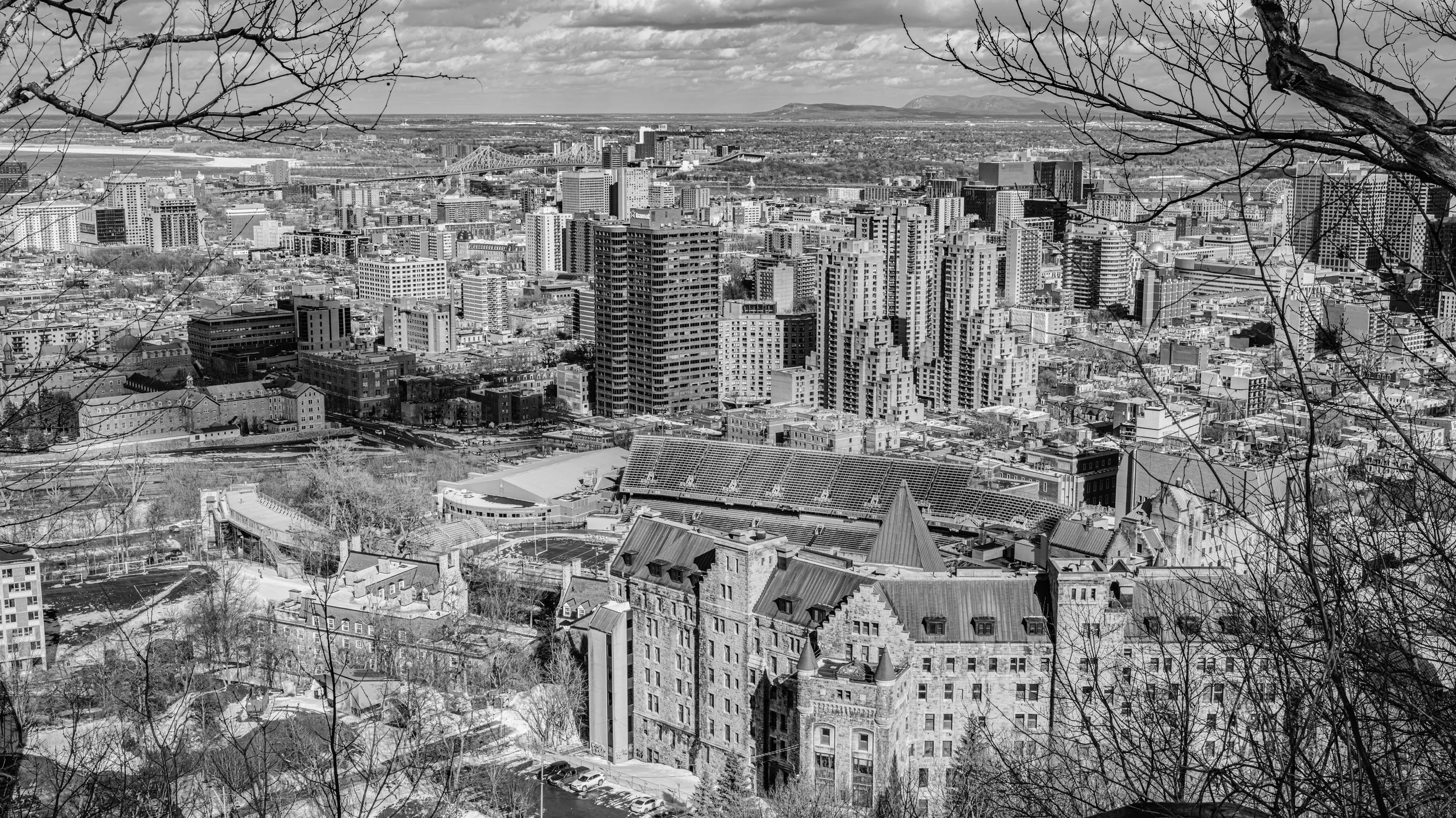 A black and white cityscape view of a downtown area with numerous high-rise buildings, bridges, and a stadium with a sunlit sky and clouds overhead. Trees with bare branches frame the foreground.