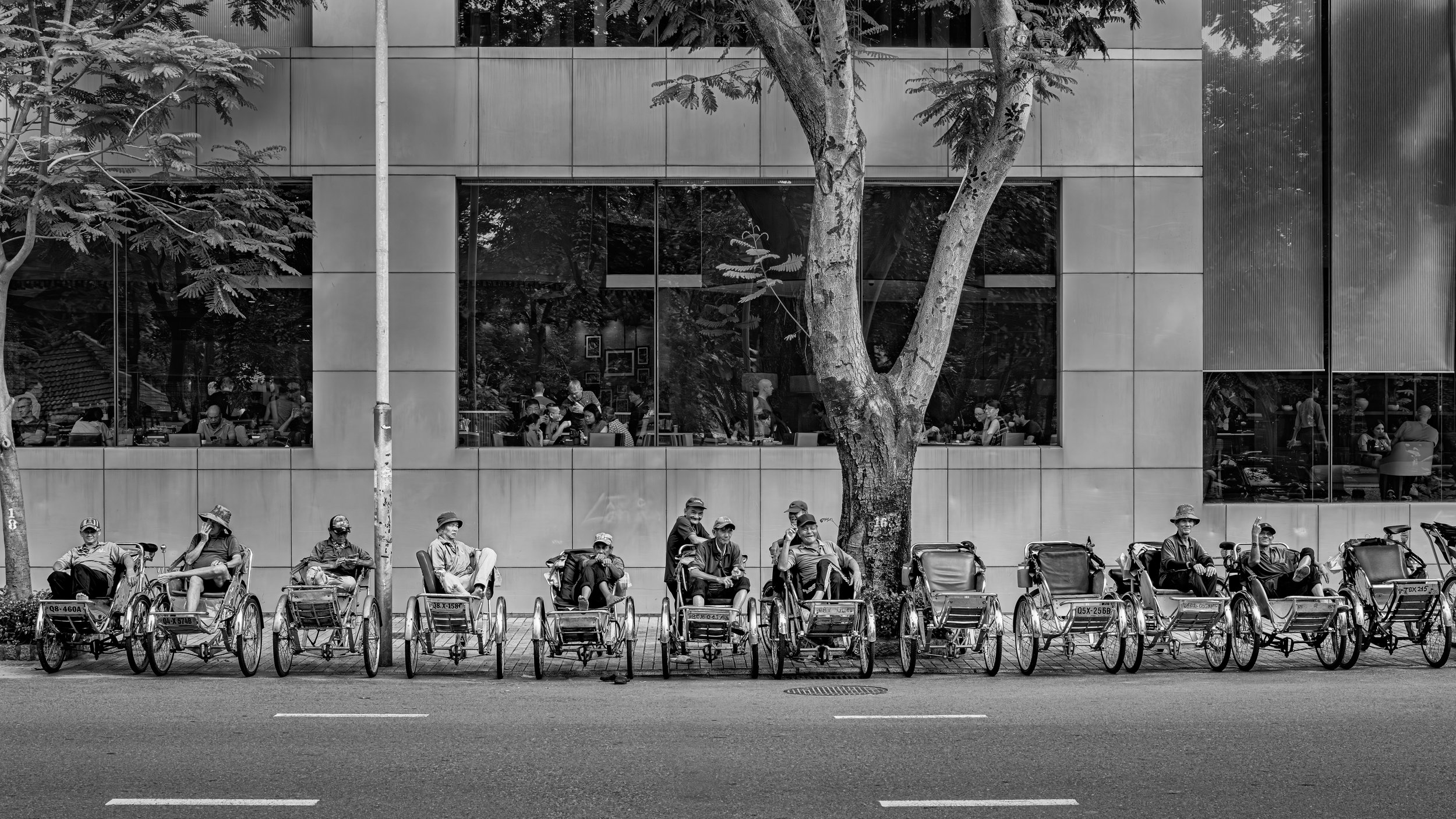 A black and white image showing a row of people in wheelchairs on the sidewalk in front of a modern glass building with trees reflected in the windows.