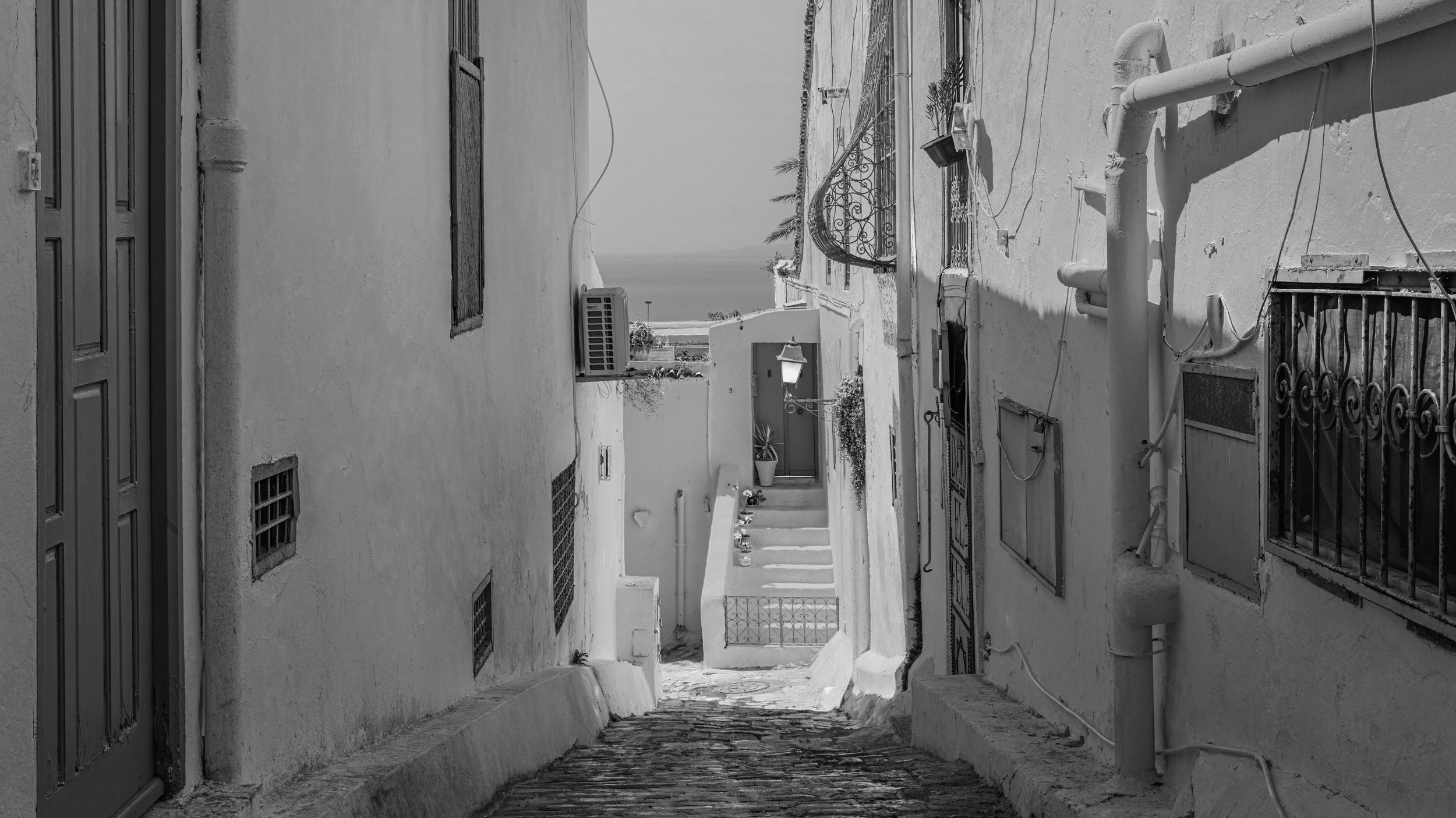 A narrow, curved alleyway in a Mediterranean village with whitewashed buildings, outdoor plants, and distant sea view.