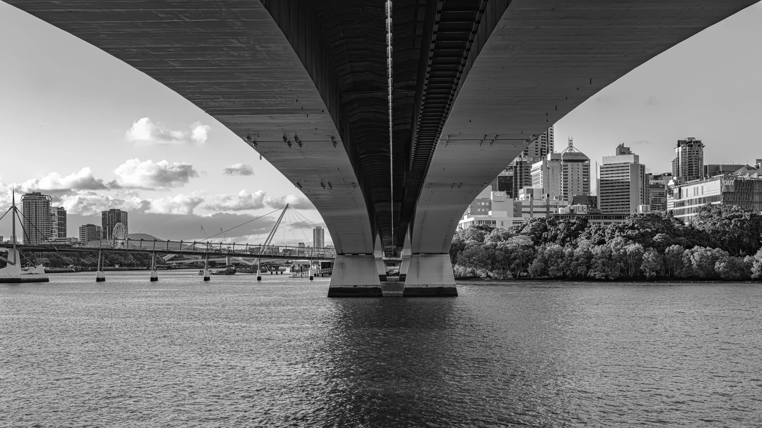 Black and white photo of a city skyline with high-rise buildings, a large bridge with supporting columns over water, and a skyline with trees in the foreground.