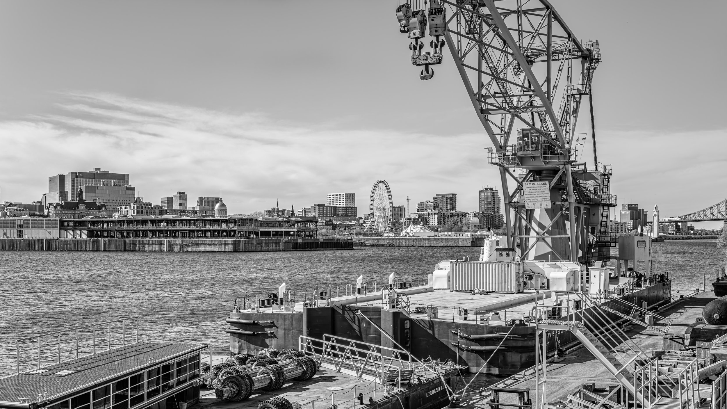 View of a port with a large crane in the foreground and a city skyline in the background, including ferris wheel and various buildings.