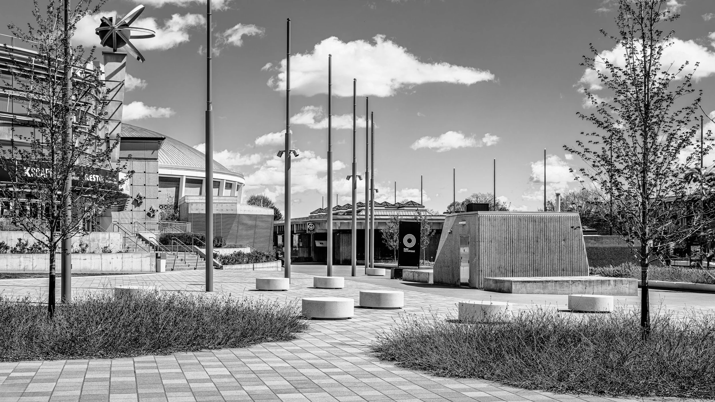 An empty outdoor plaza with trees, flagpoles, and a modern building in the background. The image is in black and white.