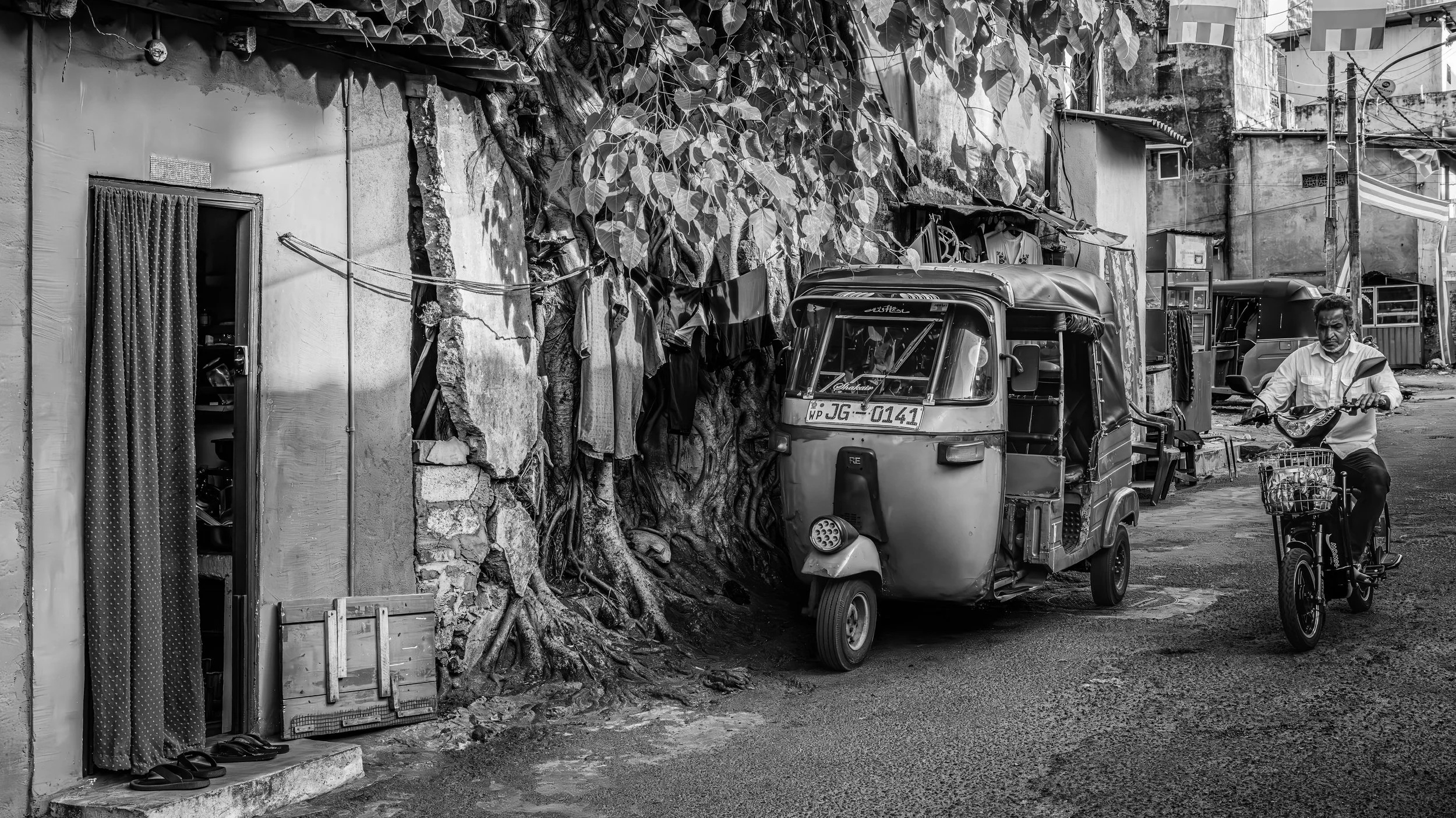 A street scene in black and white featuring a small auto rickshaw, a man riding a bicycle, and around buildings that appear aged and weathered. A large tree with extensive roots and leaves grows beside the buildings, with laundry hanging nearby.