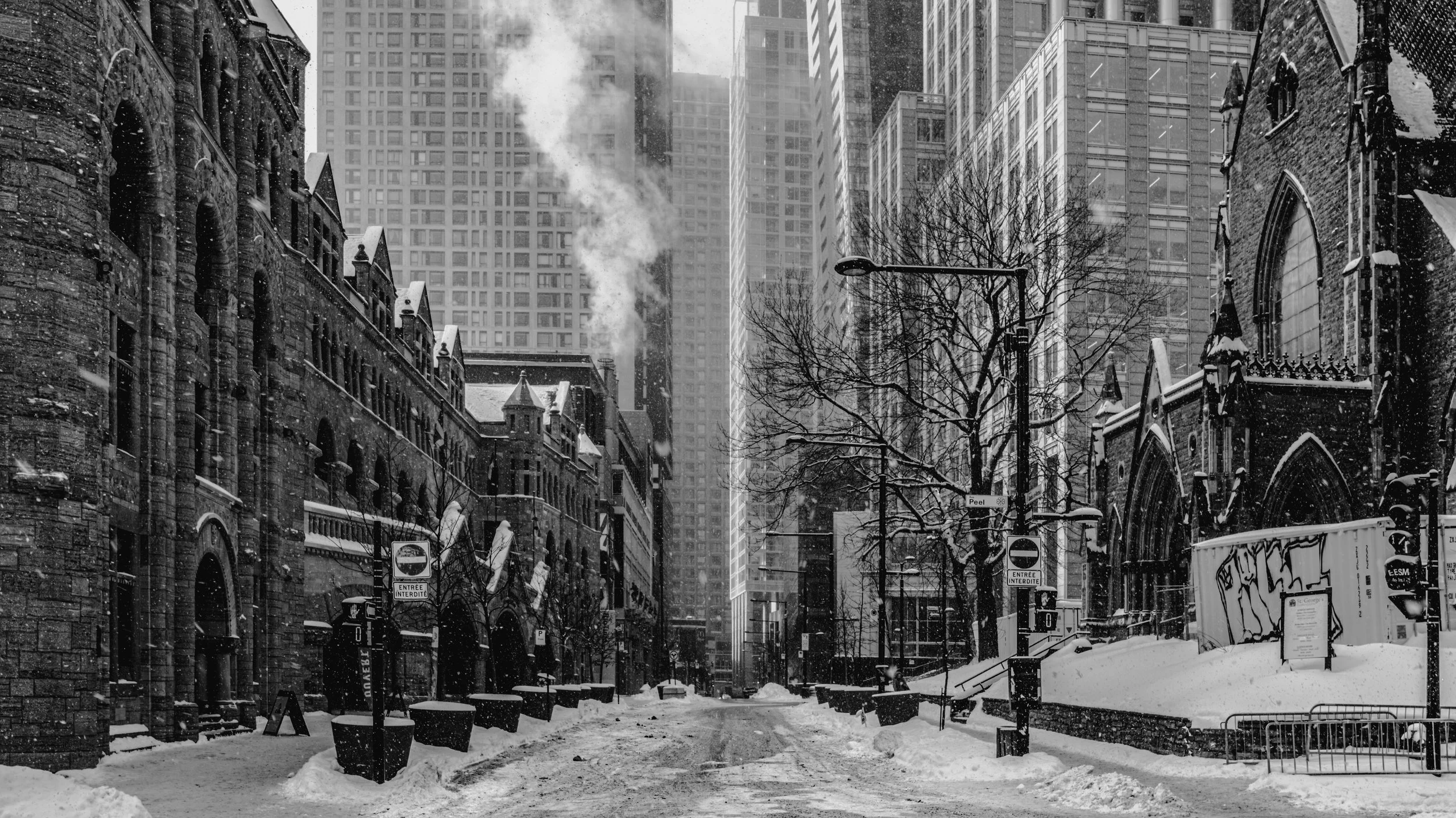 A black and white photo of a snowy urban street with historic stone buildings on the left and modern glass skyscrapers in the background. Snow covers the ground and rooftops, and snowflakes are falling. There are leafless trees, street signs, and a t