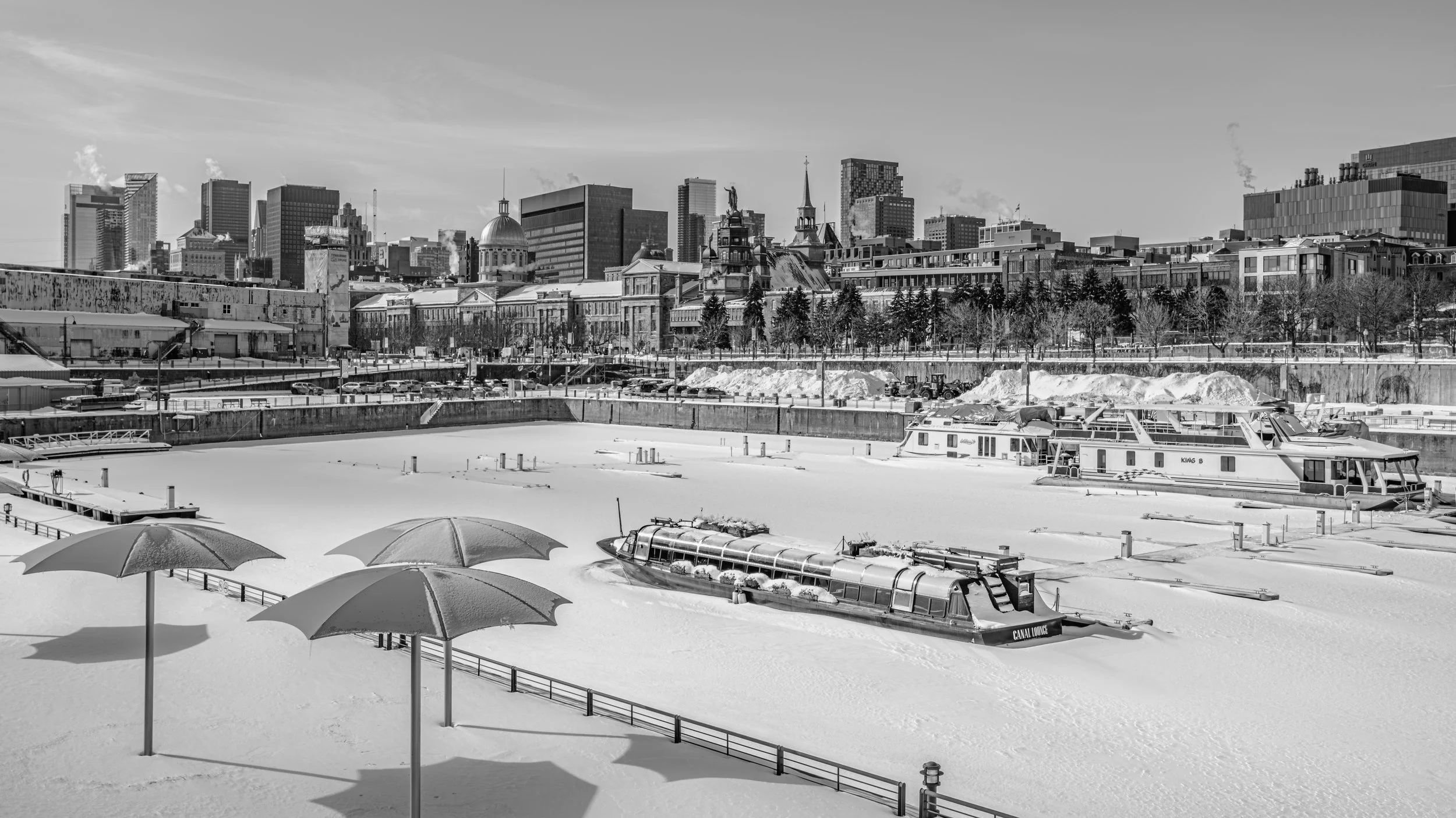 A snowy marina with boats and yachts docked, and a city skyline with tall buildings in the background, under a clear sky.