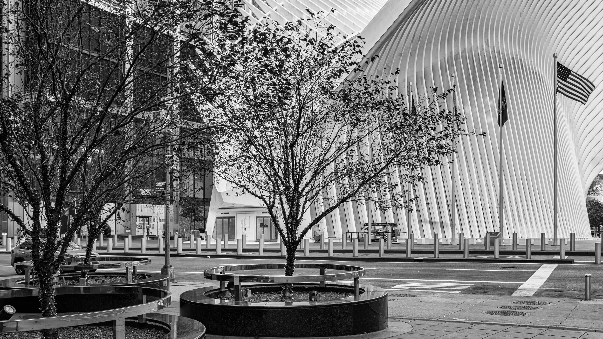Black and white photo of a modern building with curved architectural design, American flags on poles, leafless trees in planters, and a street scene with a few parked cars. Manhattan, New York, USA.