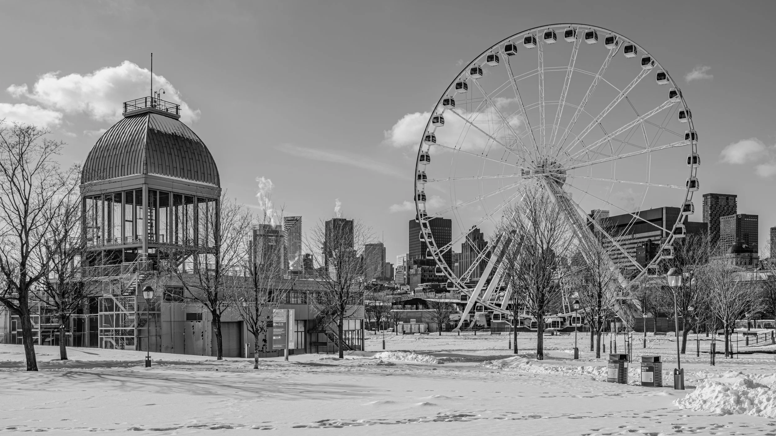A city skyline with a large Ferris wheel in the foreground, a domed building, leafless trees, and snow-covered ground, under a partly cloudy sky.