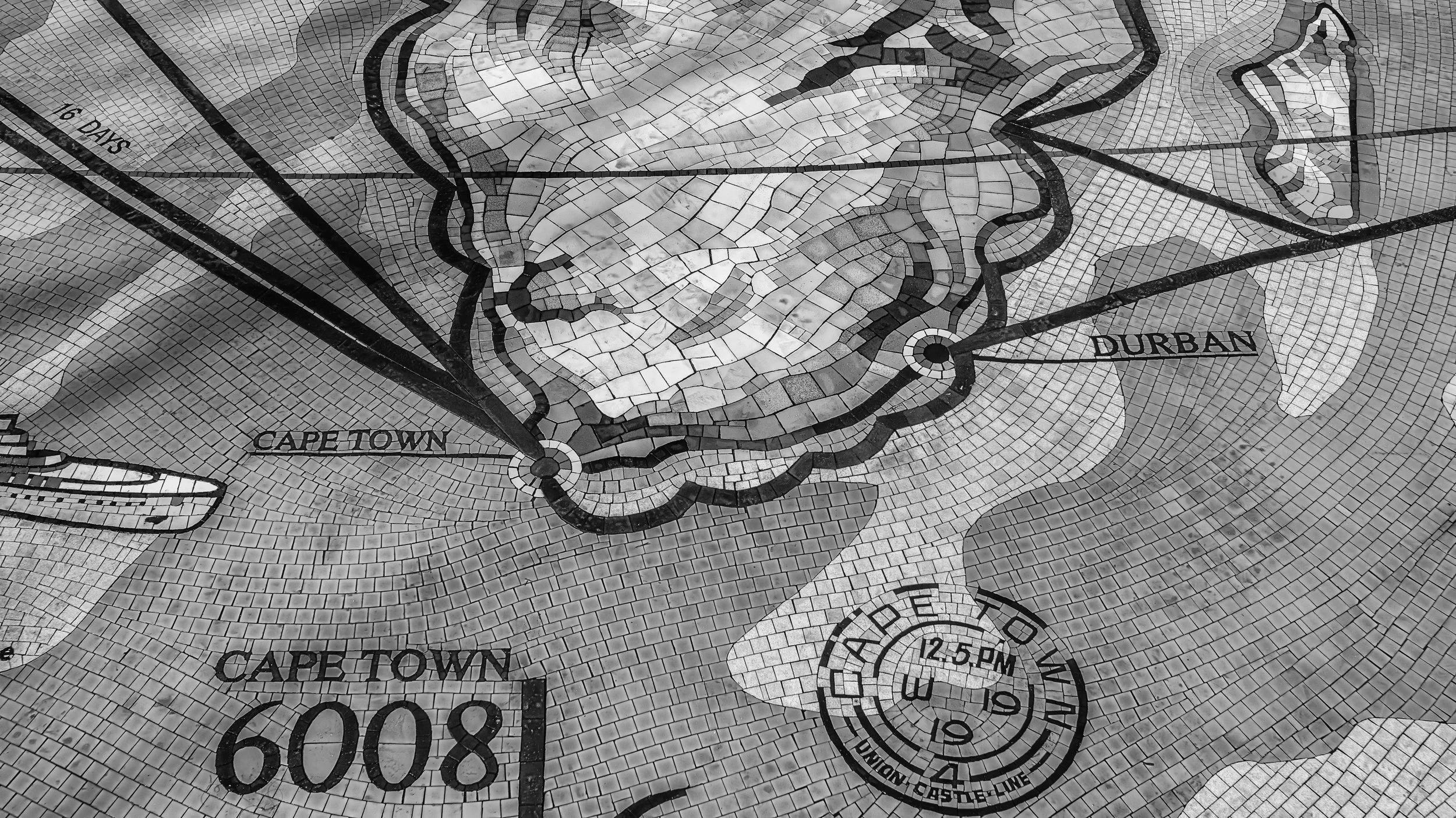 Map mosaic showing areas labeled 'Cape Town' and 'Durban' with roads and paths connecting them. Cape Town, South Africa.
