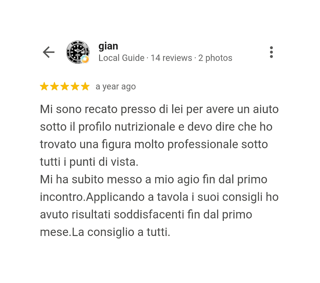 estremamente professionale sotto ogni aspetto. Mi ha messa subito a mio agio fin dal primo incontro. Seguendo i suoi consigli, ho ottenuto risultati soddisfacenti già dal primo mese.
