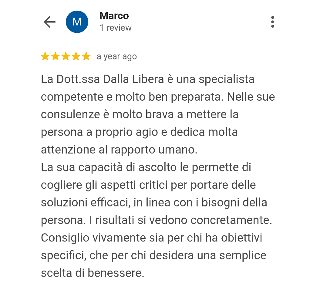è molto brava a mettere i pazienti a proprio agio e presta grande attenzione al rapporto umano. Le sue capacità di ascolto le permettono di individuare i problemi cruciali e di fornire soluzioni efficaci  risultati tangibili