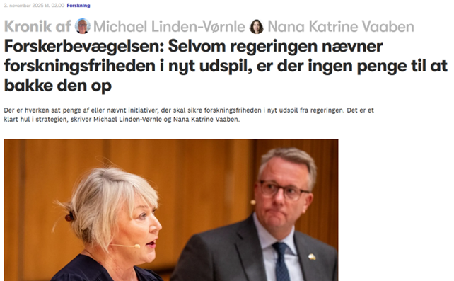 Debatindlæg i Altinget vedr. Regeringens forskningsudspil og Forskerbevægelsens forslag om at forbedre den akademiske frihed - 3. november 2025
