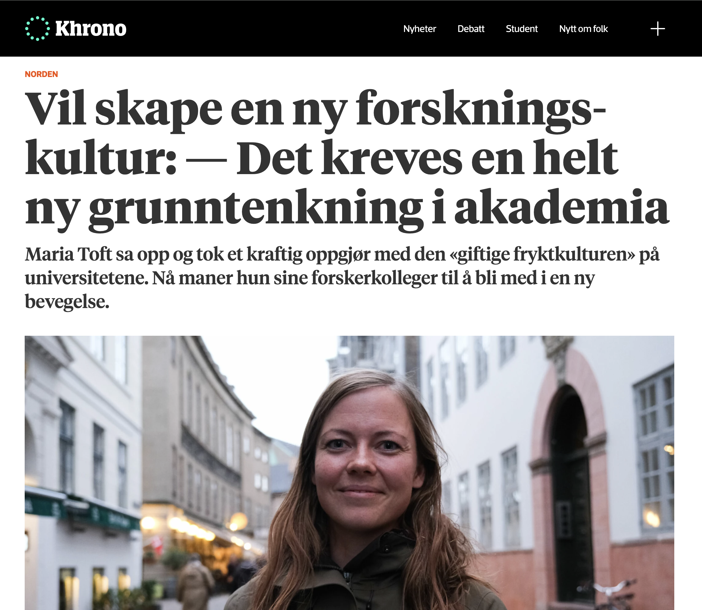 Interview i det norske Khrono d. 28. marts 2024: ”Vil skape en ny forsknings­kultur: — Det kreves en helt ny grunn­tenkning i akademia”