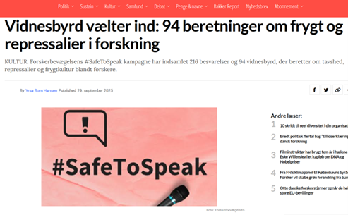 Midtvejshistorie om kampagnen #SafeToSpeak i ScienceReport OpenAccess 29. september