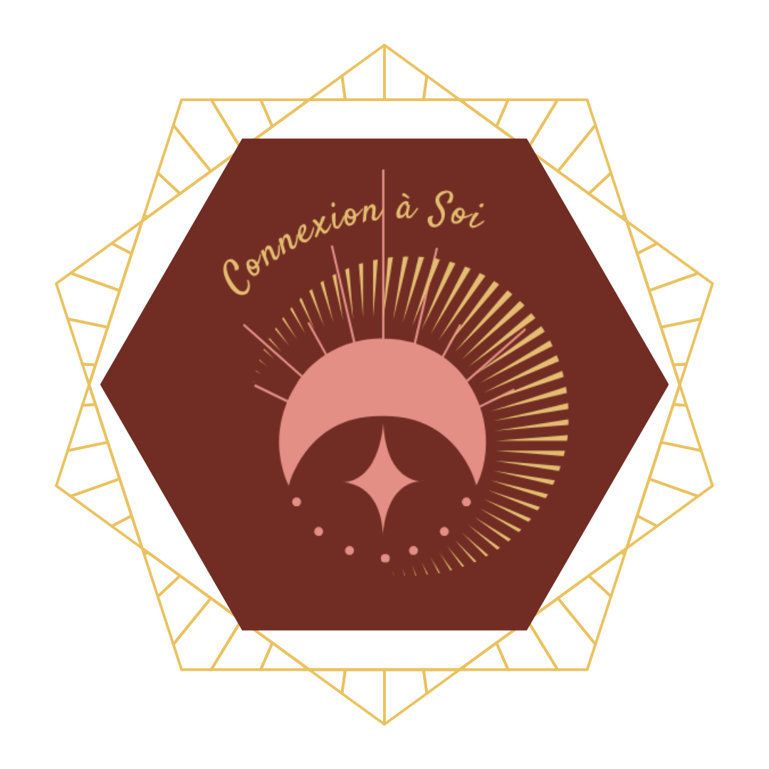 Logo avec texte 'Connexion à Soi' entouré de motifs géométriques dorés sur fond marron et rose
