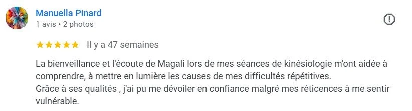 Avis en ligne de Maniella Pinard parlant de ses expériences avec Magali et la kinésiologie.