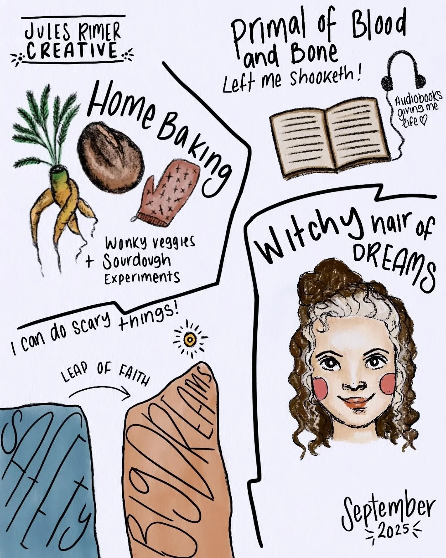 Goodbye September, it's been a ride 💃🏽

Now to step into October and a creative challenge for myself. 

#artist #illustration #visualjournal #graphicnotes #graphicrecording #journal #digitalillustration #creativemother #julesrimercreative