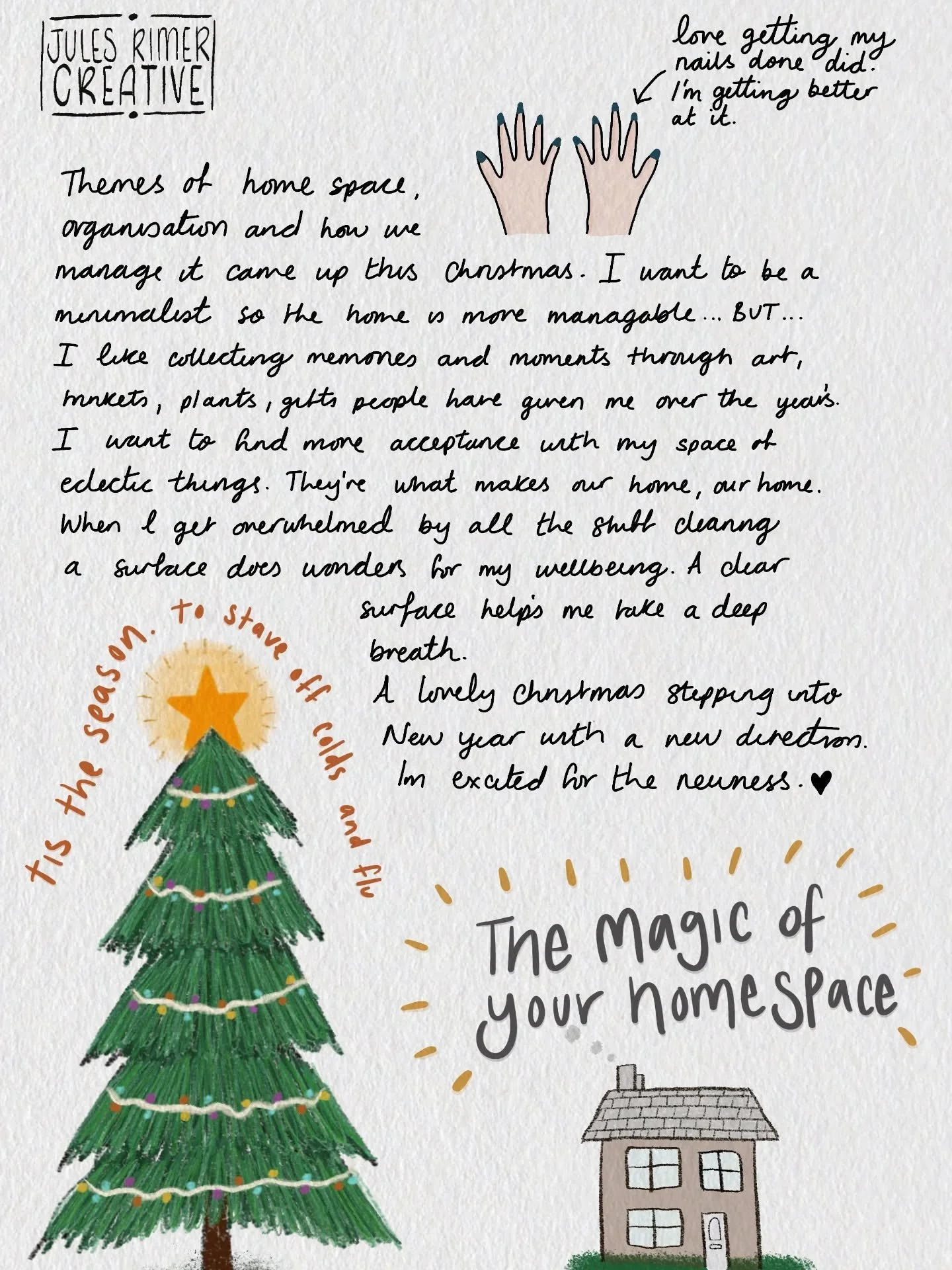 My nervous system hates clutter.
But my heart loves memories.

Visual journal, sketchy sketch of December.

For me, the big themes were stuff, home, clutter, and home organisation. How to enjoy our space, manage our space, but still be okay actually 