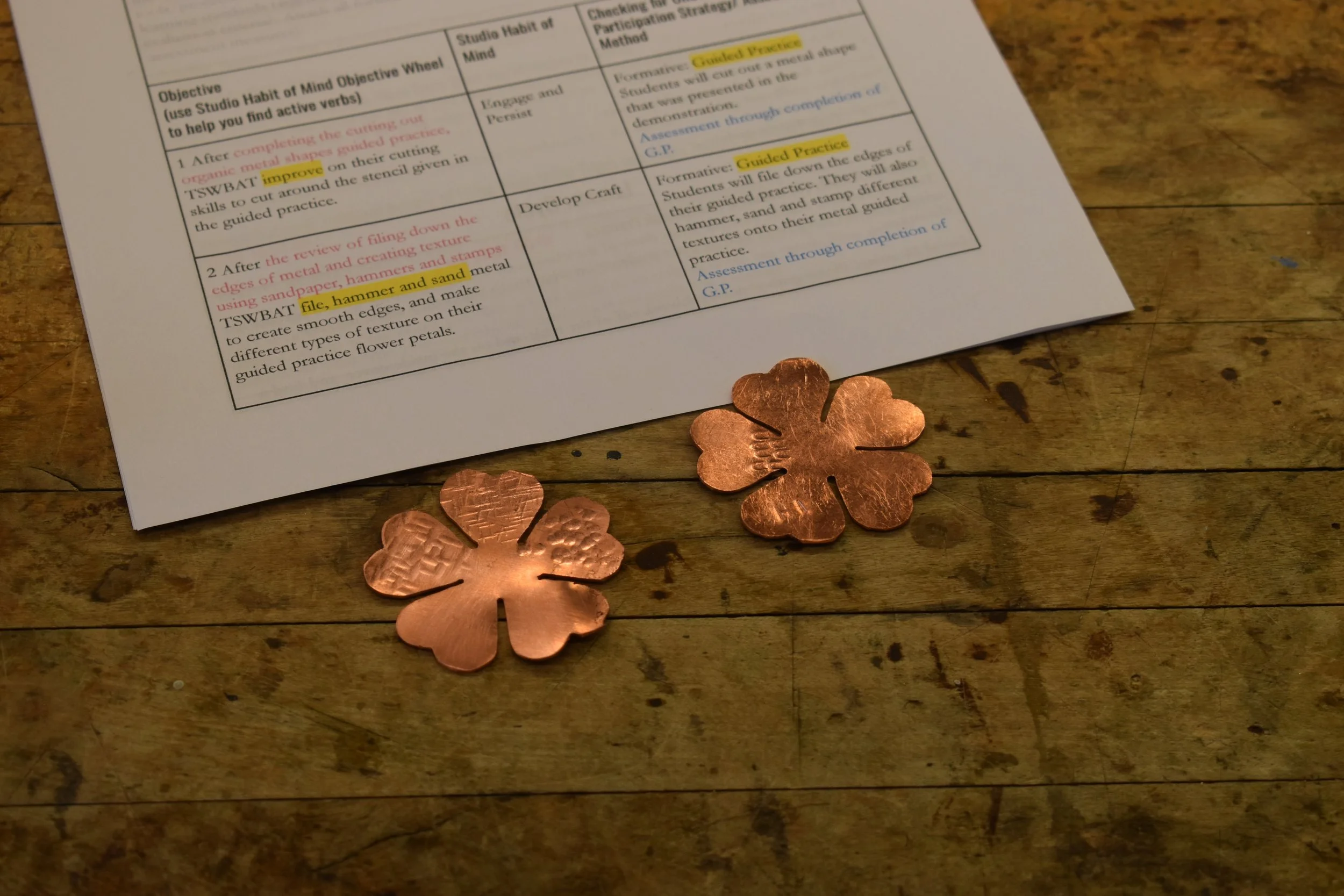 metalsmithing guided practice- students cut out a shape and have to apply different textures