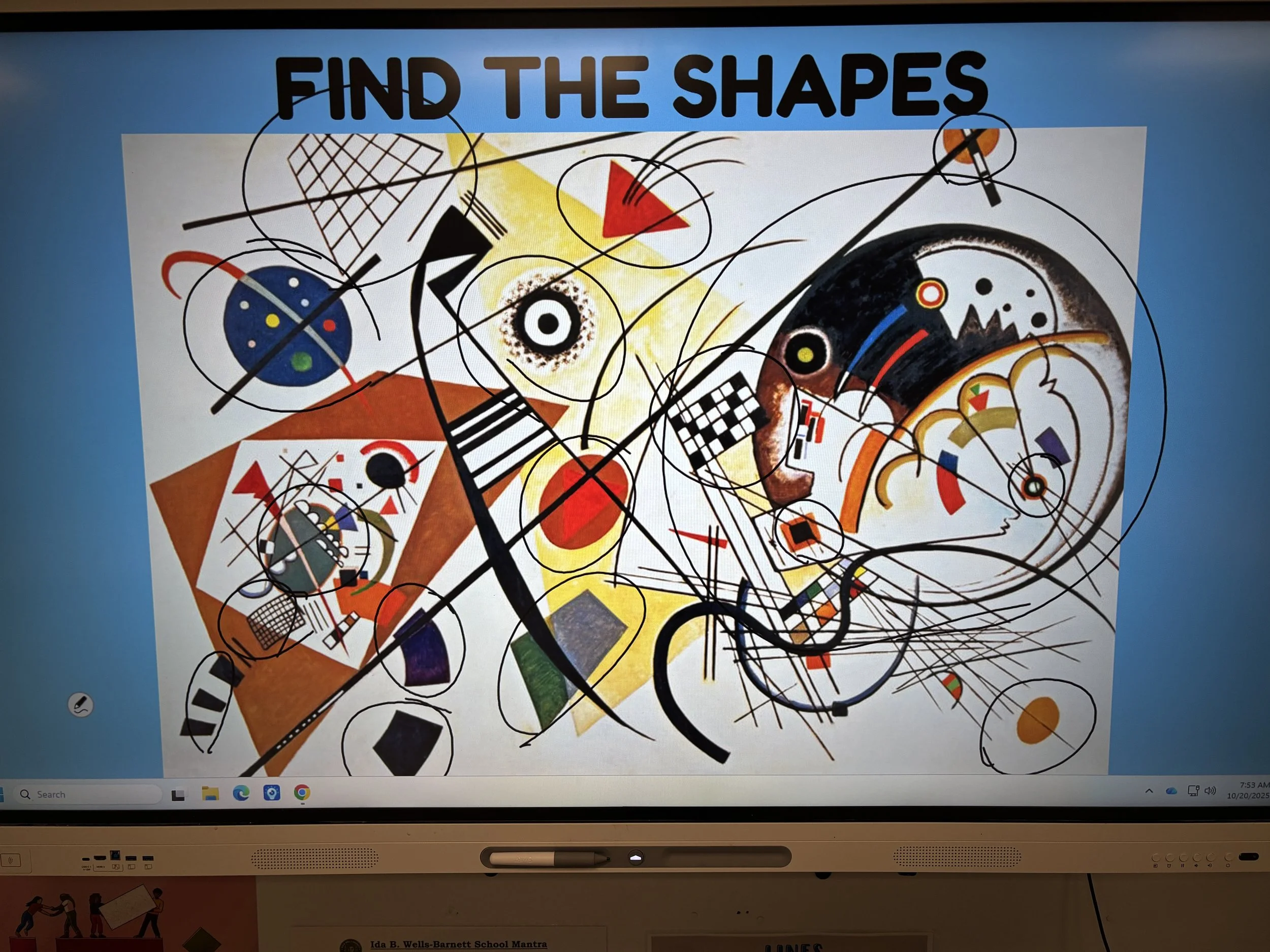 K/1st grade students find geometric shapes in Kandinsky's artwork