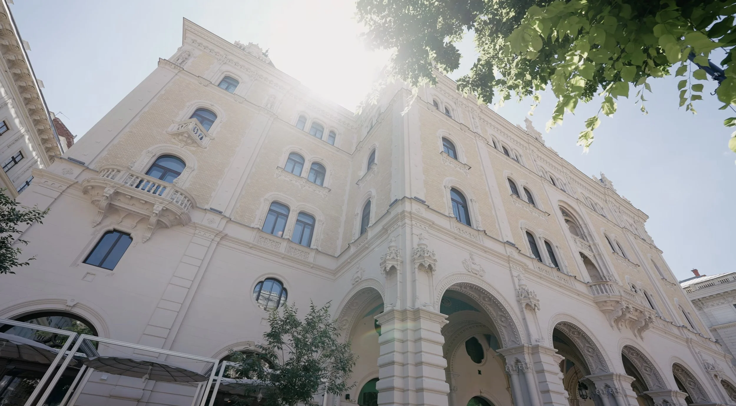 Facade of the W Budapest hotel on Andrassy Avenue, a wedding venue filmed by Closer Wedding Studio
