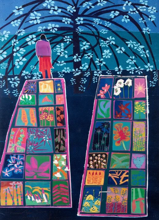 A person standing on top of two ladders decorated with colorful squares depicting jungle and aquatic themes, with a large tree with abundant leaves in the background.