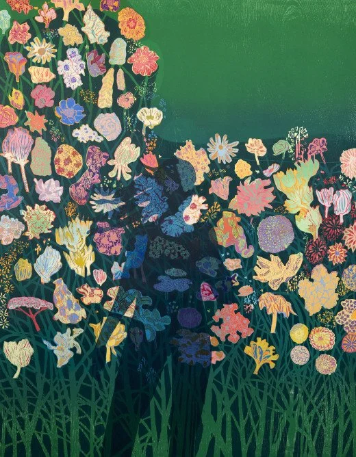 Colorful floral artwork depicting various flowers and plants in front of a green background.