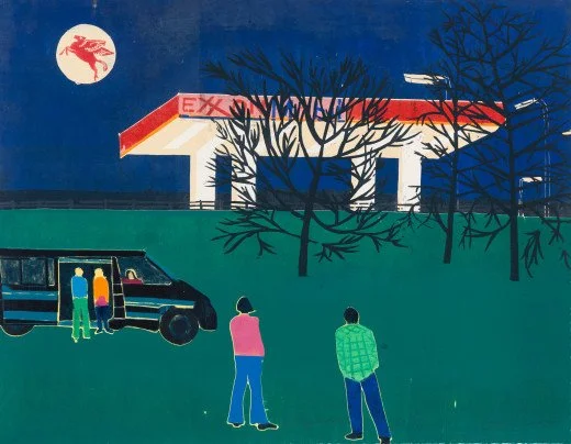 A stylized nighttime scene with three people standing in front of an abandoned building with a sign that says 'Exxon.' Two of the people are near a parked van, and the third is facing away, looking at the building. The sky is dark blue, and there are leafless trees in the background.