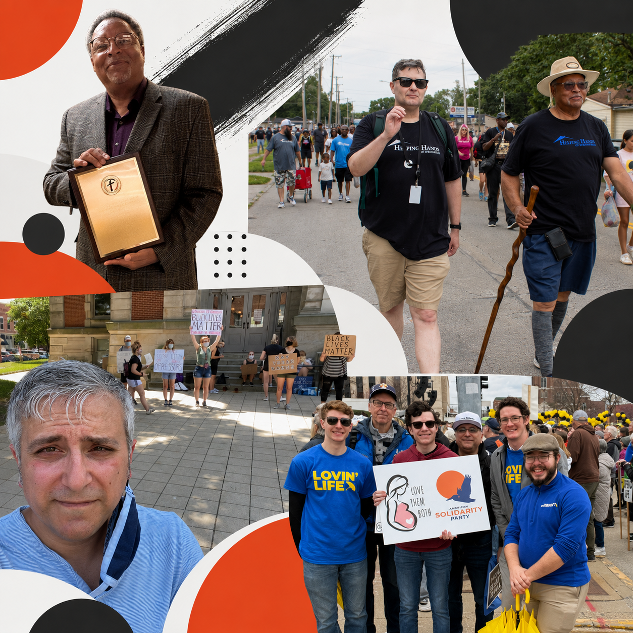 Collage of images from a community event including a man holding a plaque, a group of people walking and wearing shirts that say 'Helping Hands,' a protest with people holding 'Black Lives Matter' signs outside a courthouse, and a group of people smiling and holding a sign that says 'Love them both' at a rally.