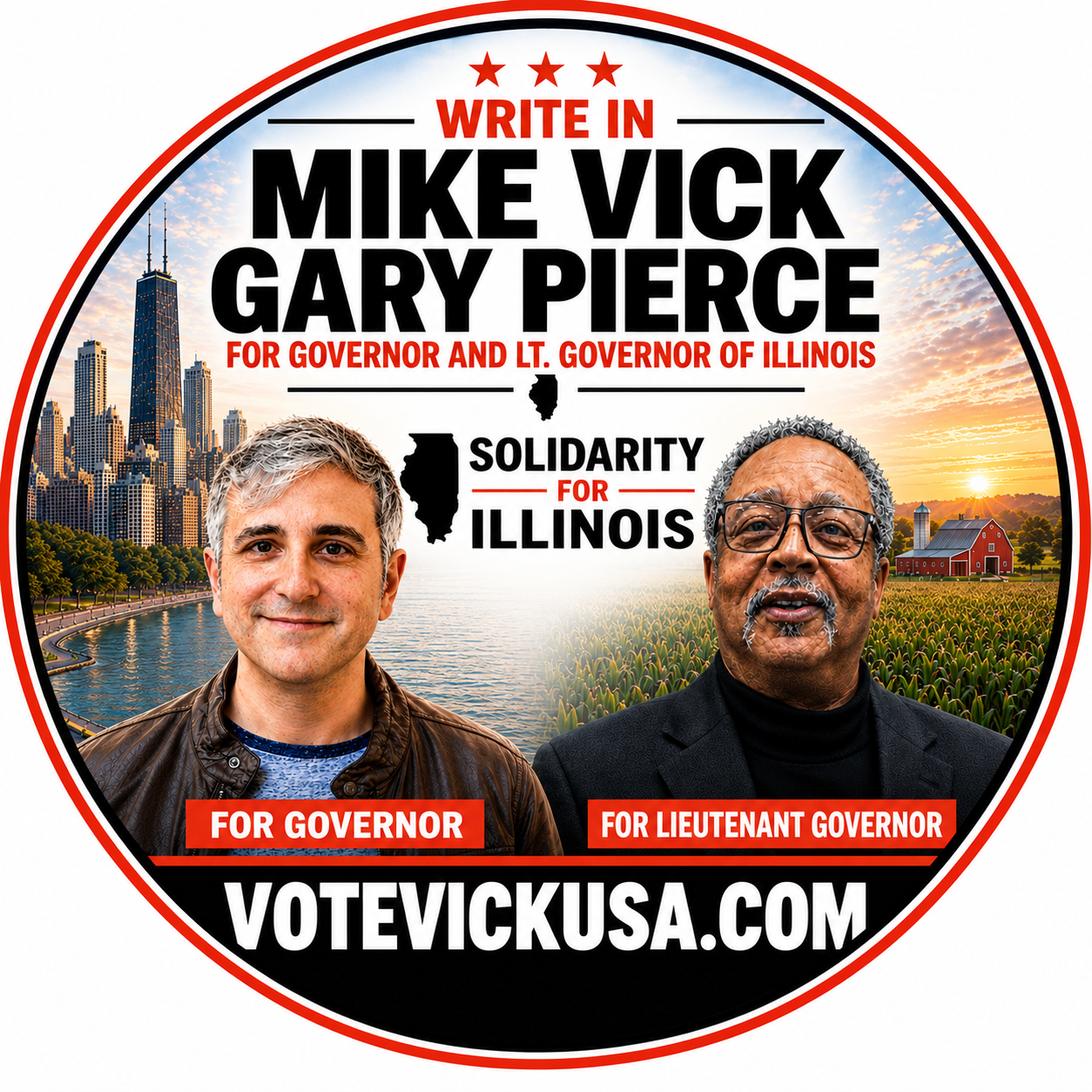 Political campaign sticker supporting Mike Vick and Gary Pierce for governor and lieutenant governor of Illinois, featuring images of candidates, a city skyline, a river, and a farm at sunset.
