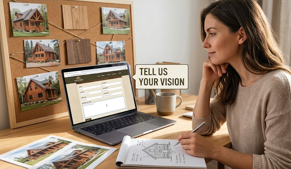 Woman working on a house design project at her desk with a laptop, sketches, photos of a house, and a corkboard with house pictures and wood samples.