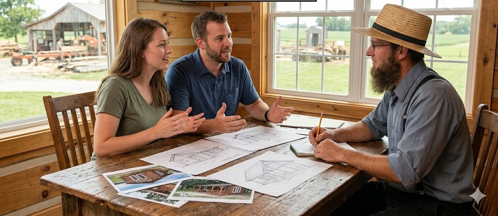 A couple discusses house plans with a man in a straw hat at a wooden table inside a cabin, with outdoor farm scenery visible through the window.