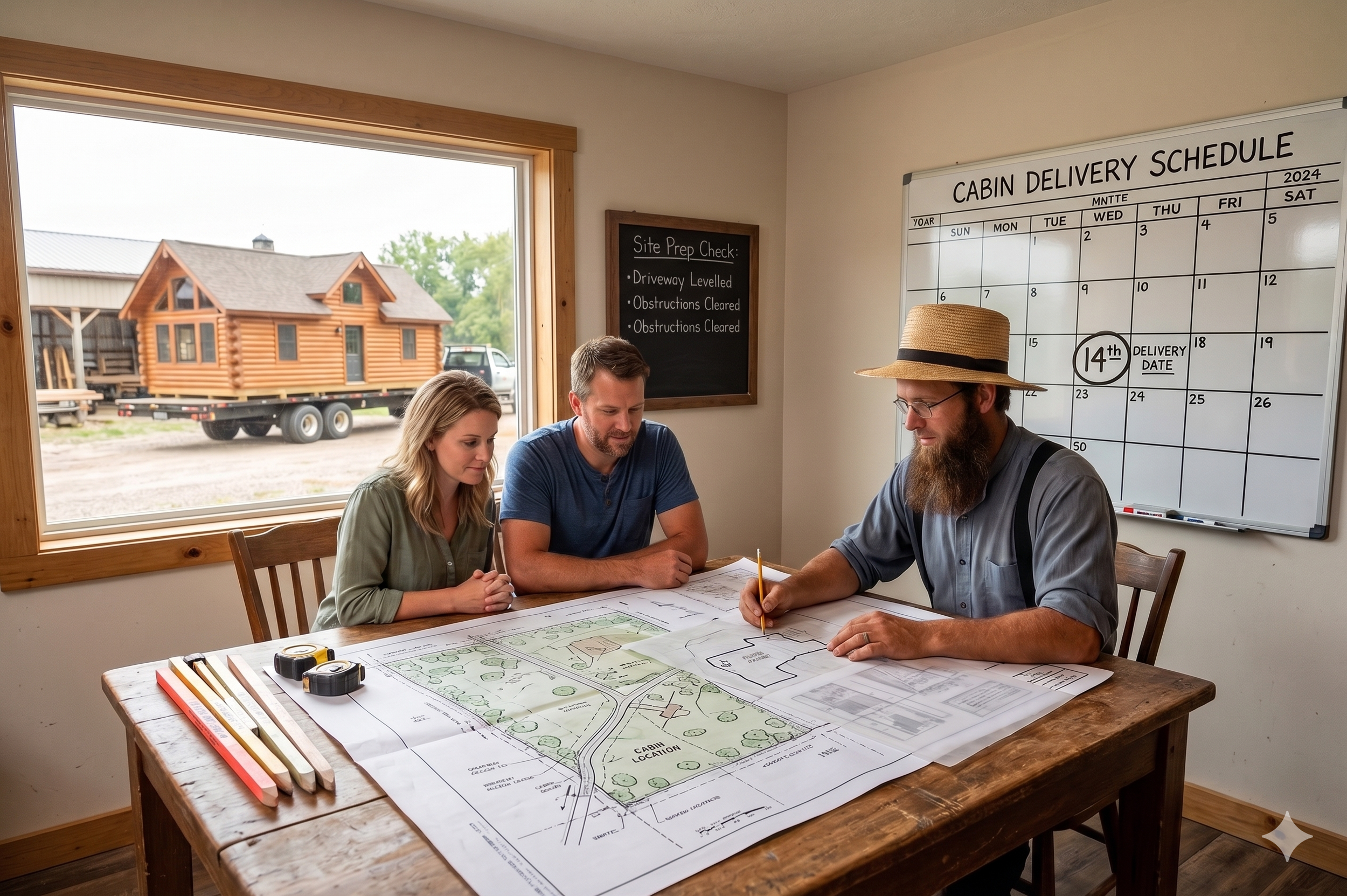 Three people sitting at a wooden table inside a cabin planning meeting, with a blueprint spread out on the table and a large window showing a model cabin on a trailer outside.