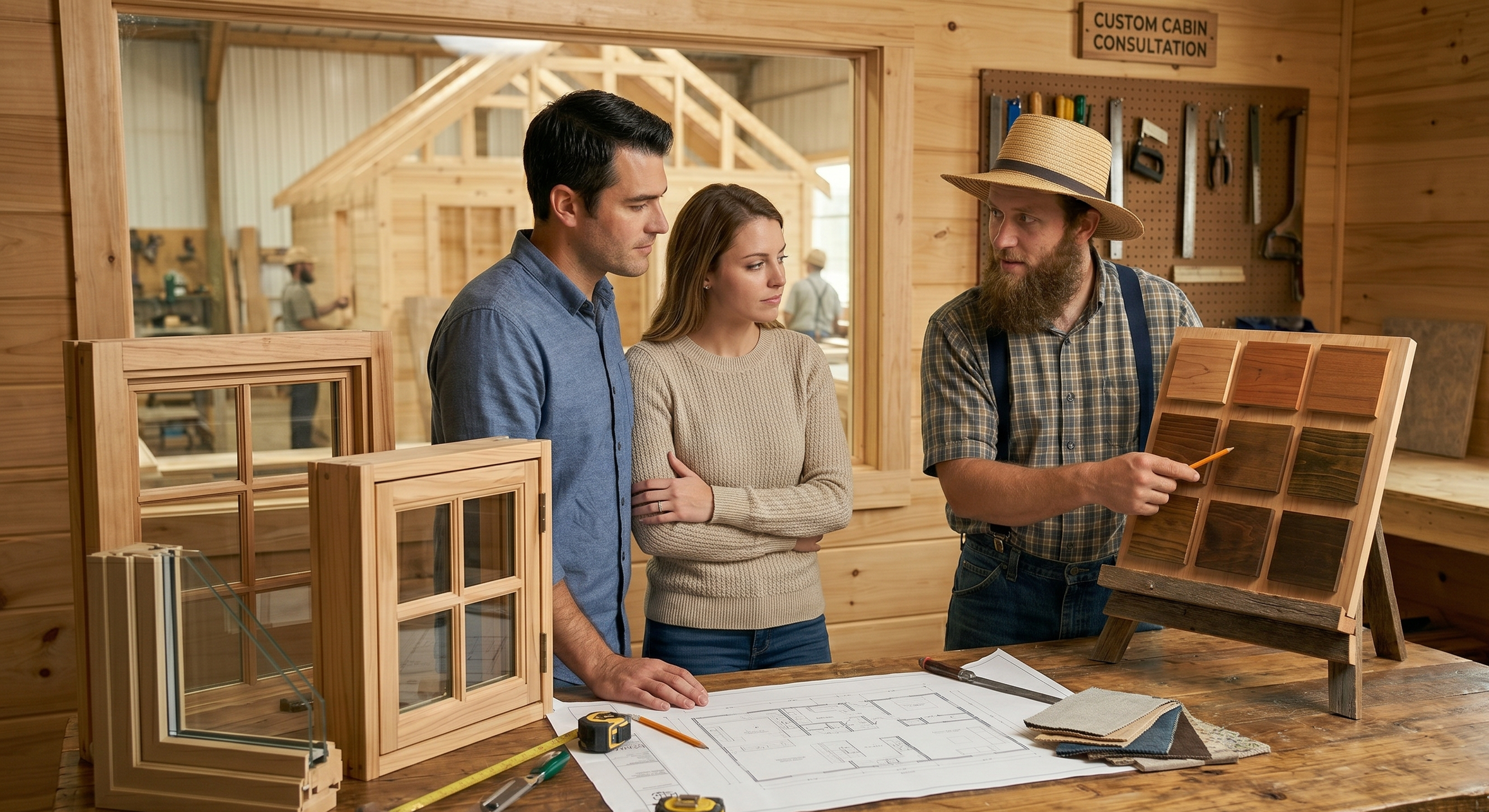 A couple is in a woodcraft shop talking to a man explaining stained wood samples, with building plans and tools on the table.