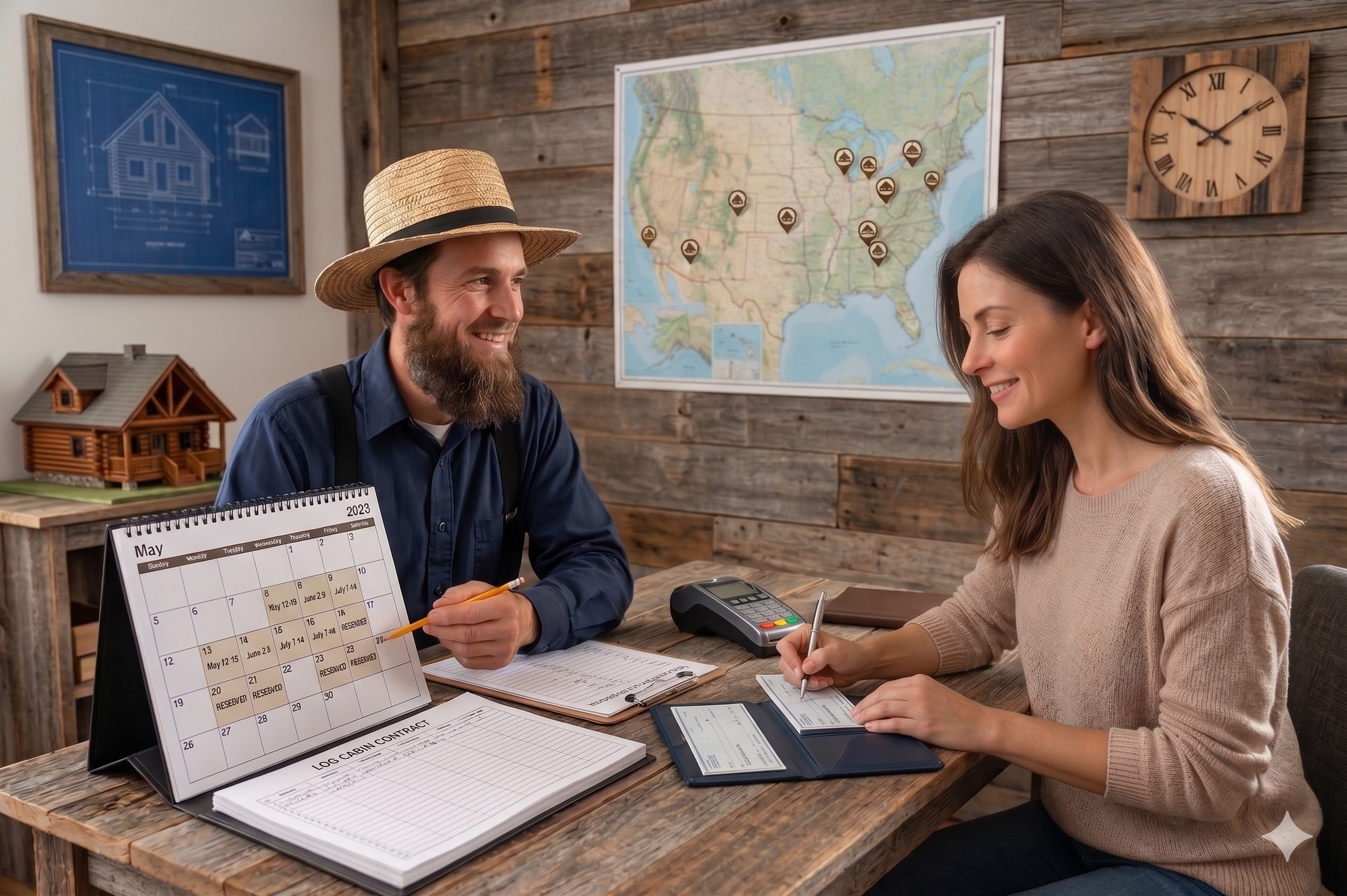 A man and woman sitting at a wooden table in an office or reception area, smiling and engaging in a conversation. The man has a beard, and is wearing a straw hat and a blue shirt. The woman is writing on a paper, with a pen in her hand. There are calendars, files, and a payment terminal on the table. Behind them, there is a wooden wall, a large map with location markers, a clock, and various decor including a model log cabin and a blueprint.