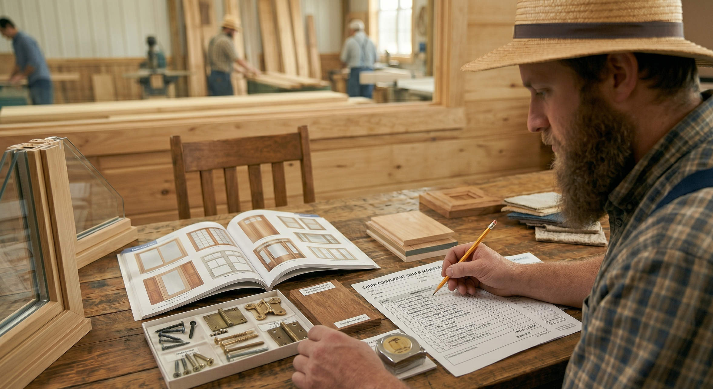 A man with a beard and straw hat working on a woodworking project at a desk in a workshop, reviewing hardware samples and reading a catalog.