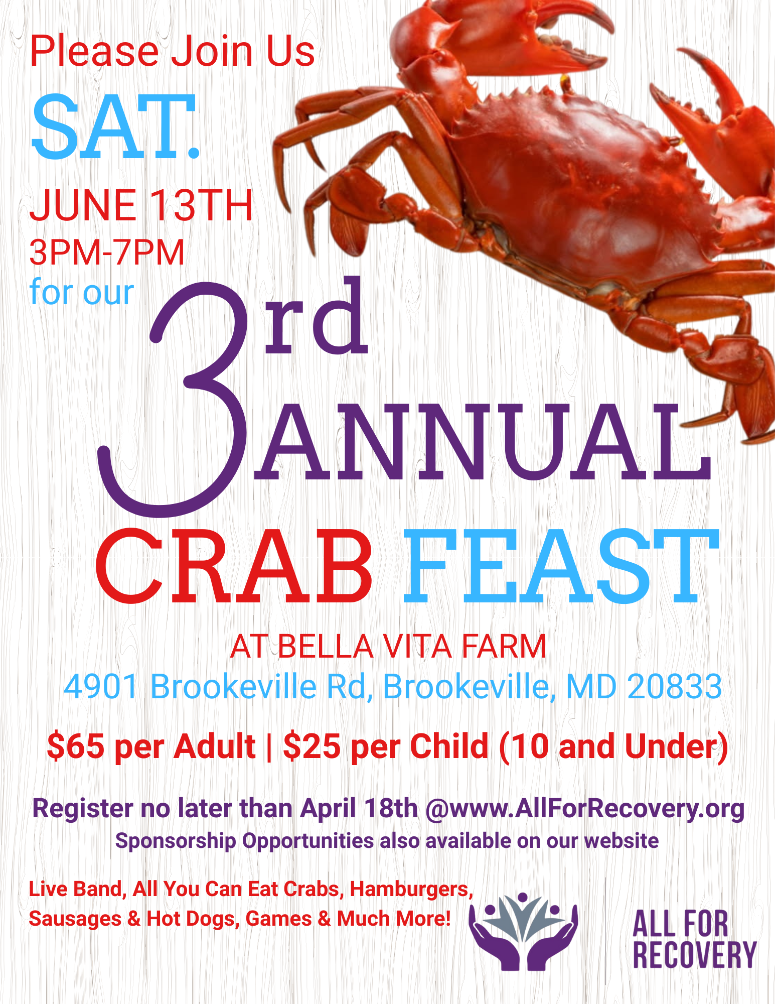 All For Recovery 3rd Annual Crab Feast