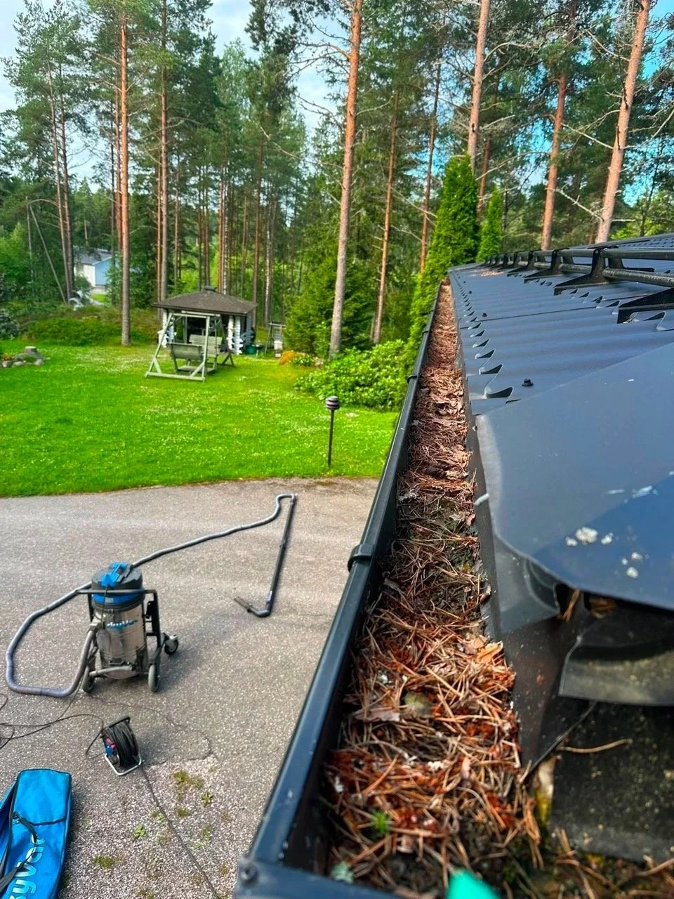 Ränni tukossa syksyn neulasista ja lehdistä.