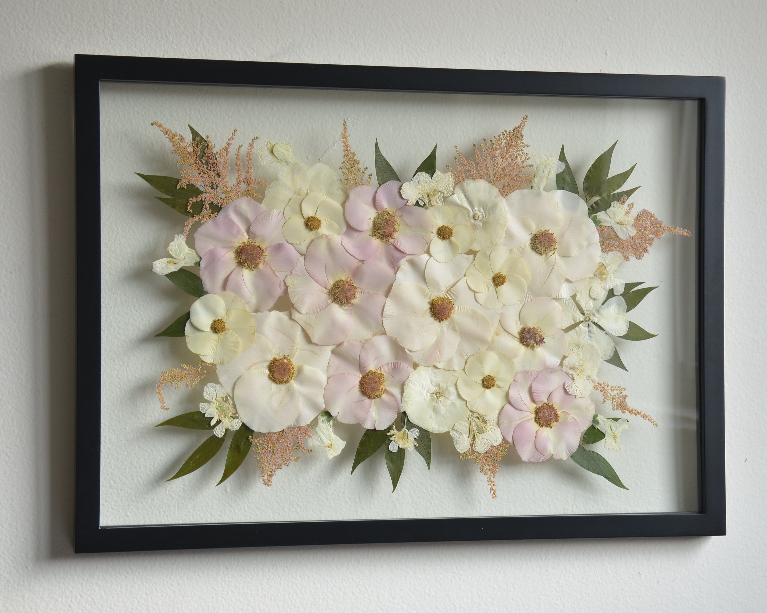White and Pink Preserved Wedding Bouquet in our black float frame
