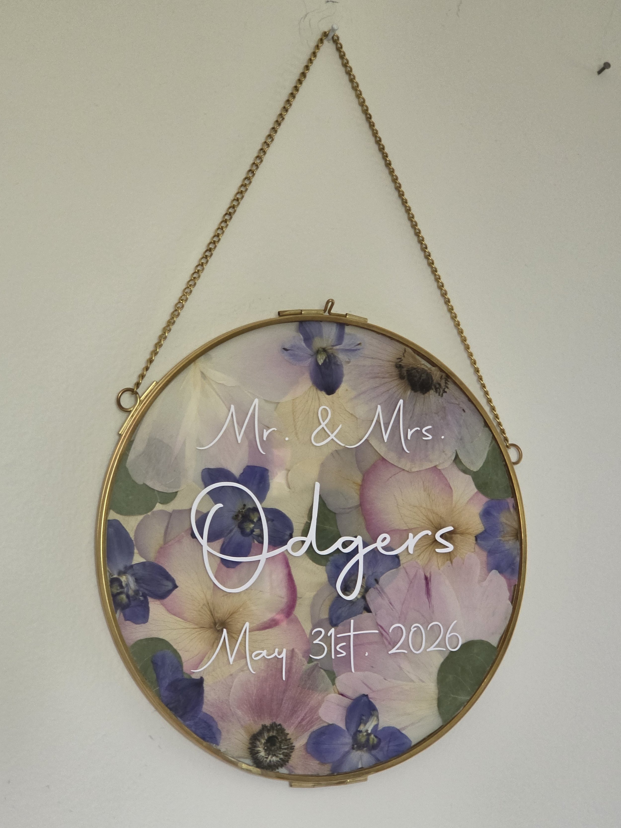 Personalized Wedding Date and Last Name Round Float Frame