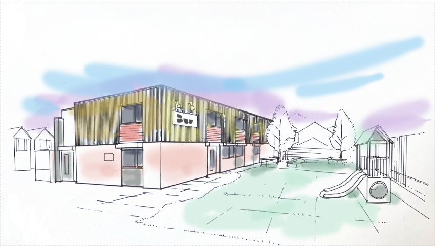 Illustration of Bridgewater Nursery's building and outdoor play garden