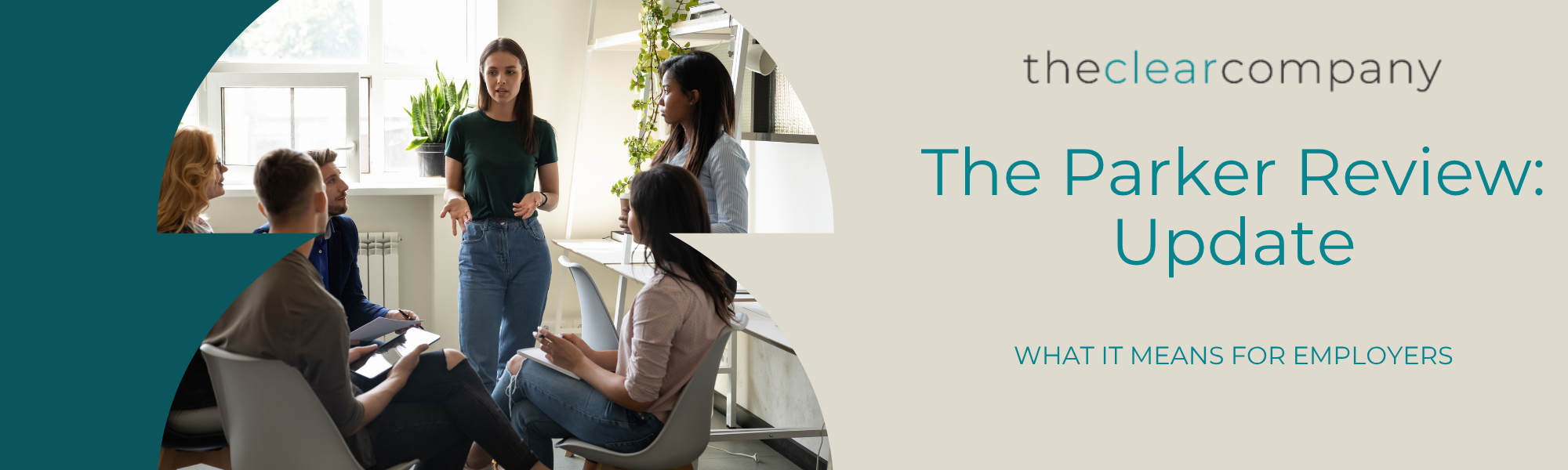 Image showing a group of workers talking in the office. A headline of The Parker Review Update: What it means for employers