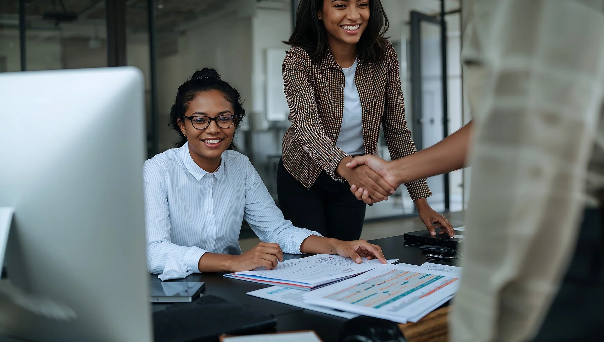 Two professional women in an office setting, smiling as one shakes hands with a colleague