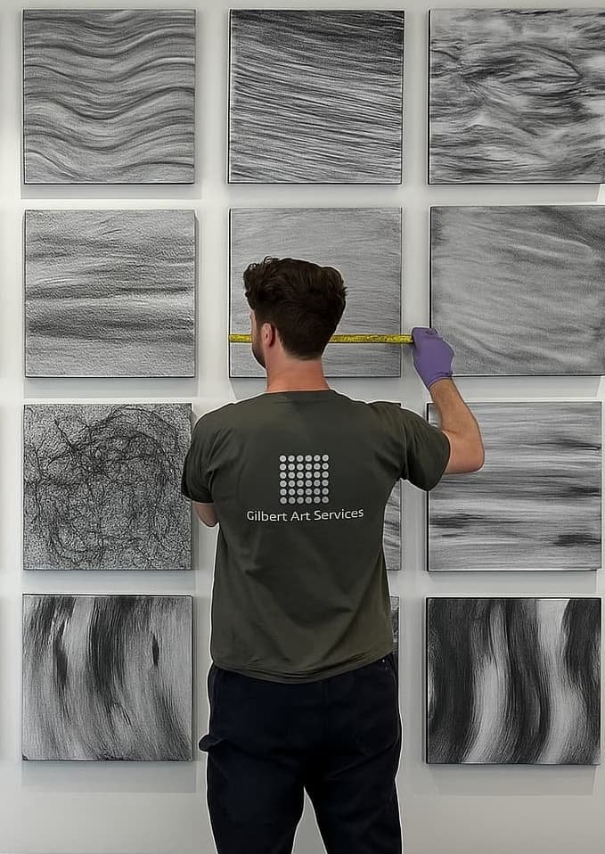 painting installation professionally hung by gilbert art services in a grid formation