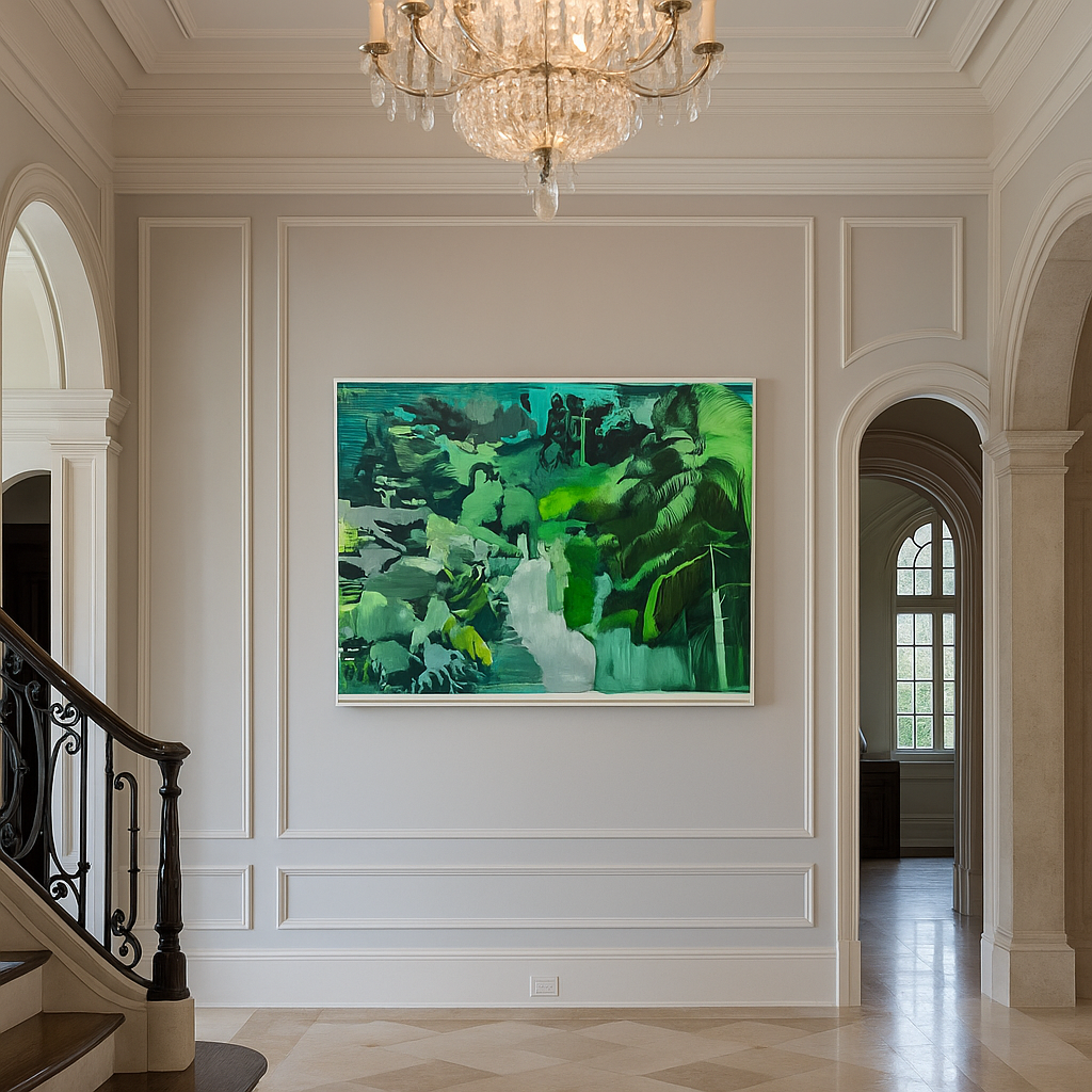 Professional Picture Hanging in Modern interior with a white sideboard, decorative art on the wall, vases with plants on top, and a fluffy rug on the floor.
